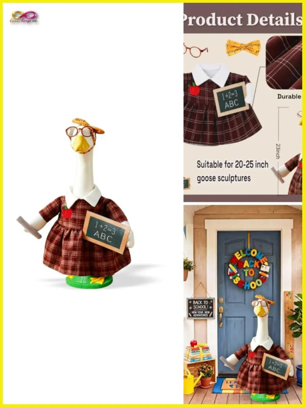 Teacher Porch Goose Outfit Set with Ruler Headpiece, Glasses, Plaid Skirt, Props